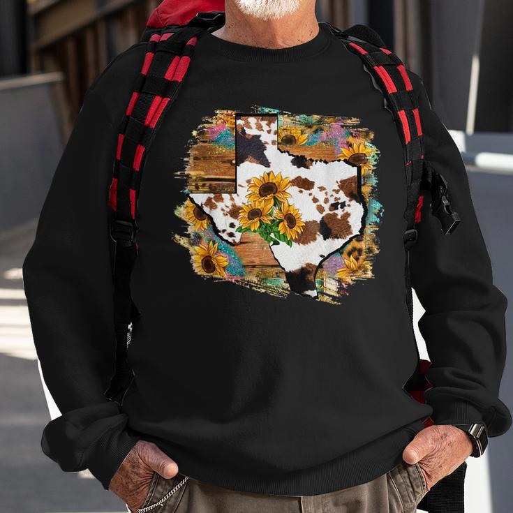 Cowhide Sunflower Texas State Map Western Rodeo Cowgirl Girl Sweatshirt Gifts for Old Men