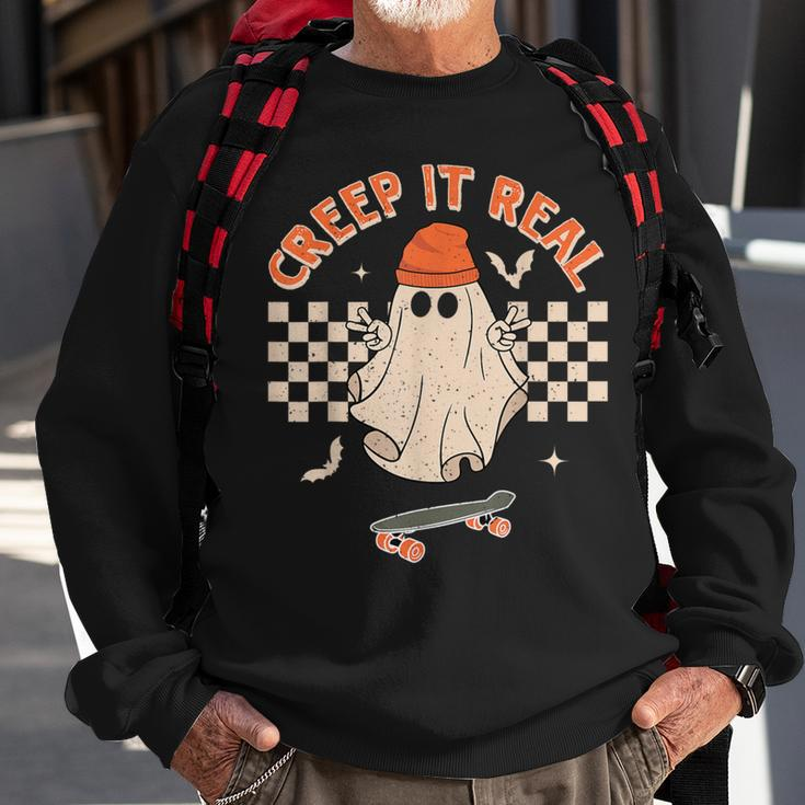 Creep It Real Skateboarding Ghost Retro Halloween Costume Sweatshirt Gifts for Old Men