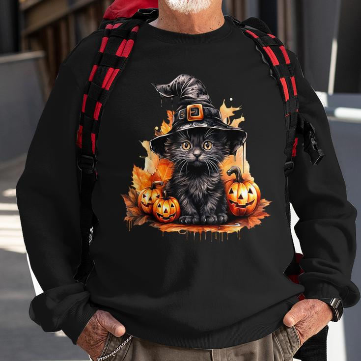 Cute Little Black Cat With Yellow Eyes Halloween Kittens Sweatshirt Gifts for Old Men
