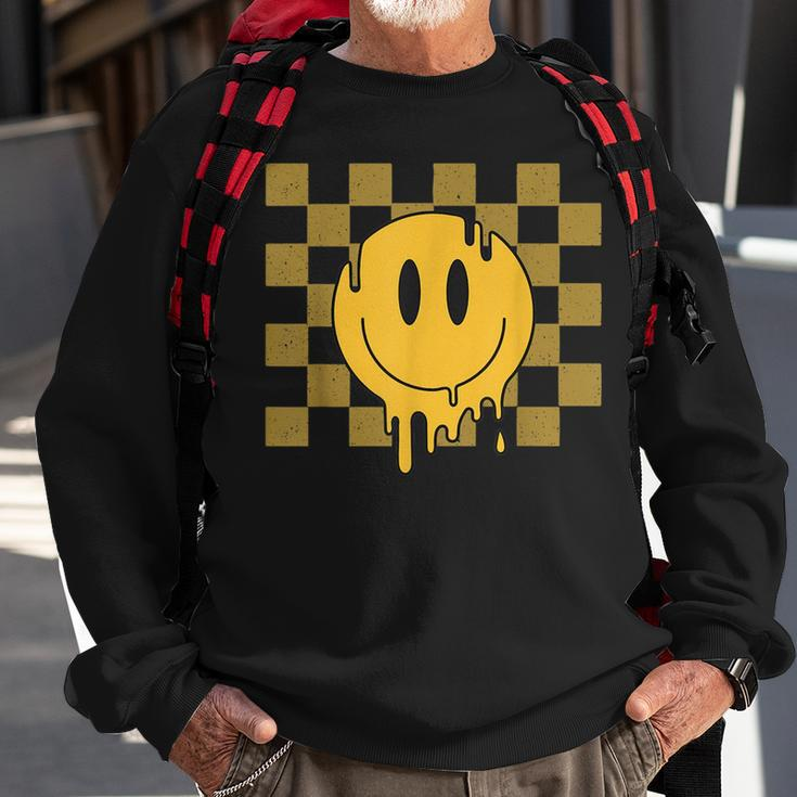 Cute Retro Happy Face Checkered Pattern Yellow Melting Face Sweatshirt Gifts for Old Men