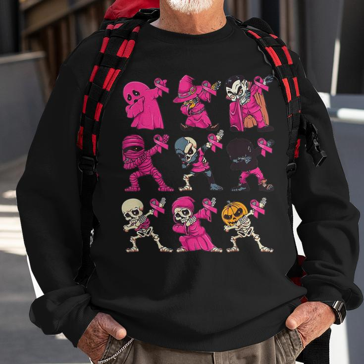 Dabbing Halloween Skeleton Pumpkin Breast Cancer Awareness Sweatshirt Gifts for Old Men