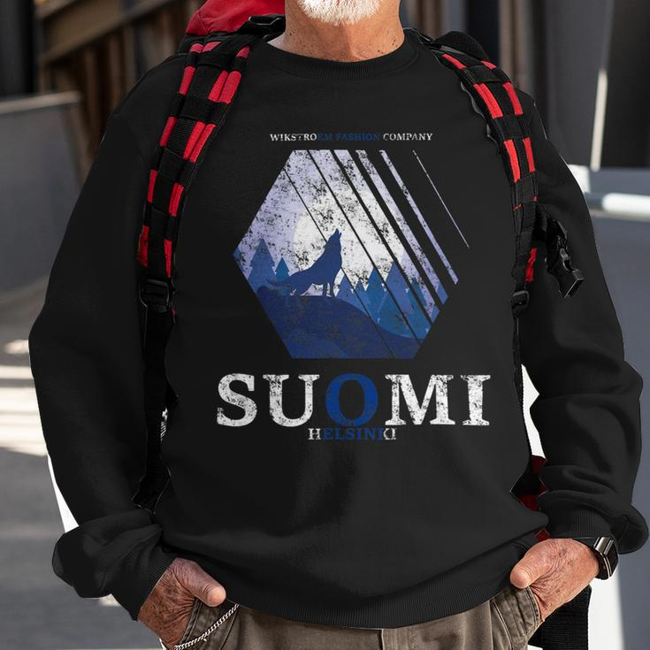 Finland Full Moon Wolf Howling Suomi Flag Used Look Sweatshirt Gifts for Old Men