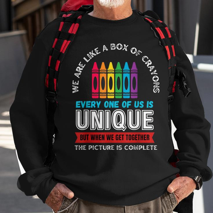 First Day Back To School We Are Like Box Of Crayons Teacher Sweatshirt Gifts for Old Men