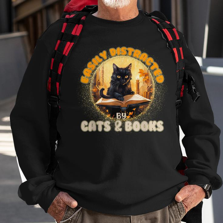 Funny CatEasily Distracted By Cats And Books Sweatshirt Gifts for Old Men