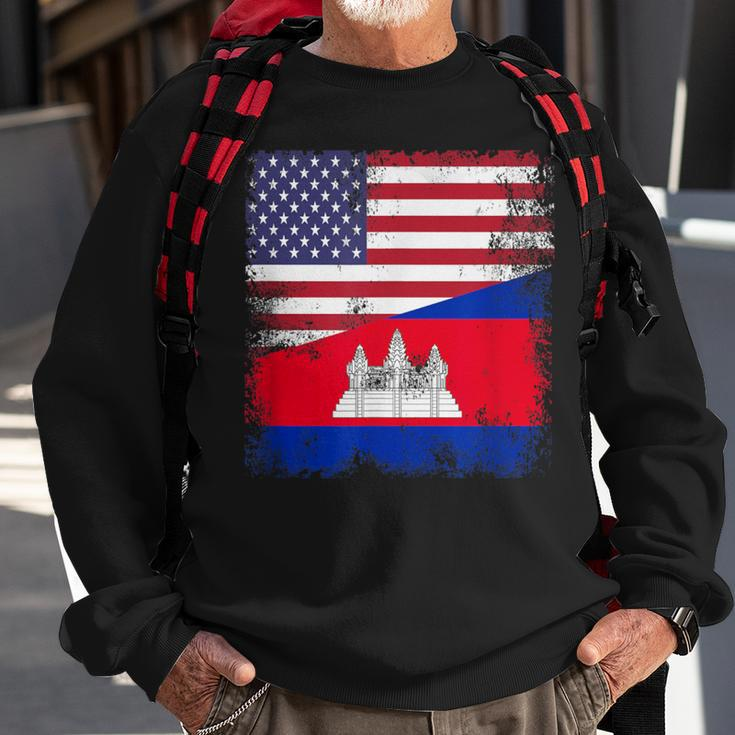 Half Cambodian Flag Vintage Cambodia Usa Sweatshirt Gifts for Old Men