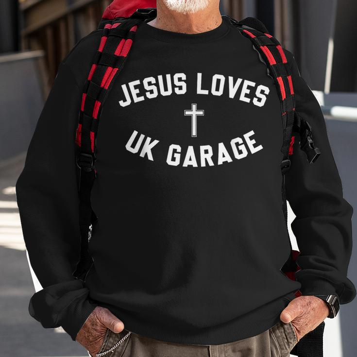 Jesus Loves Uk Garage Crucifix Sweatshirt Gifts for Old Men