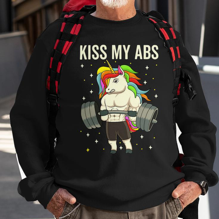 Kiss My Abs Workout Gym Unicorn Weight Lifting Sweatshirt Gifts for Old Men