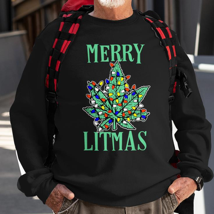 Merry Litmas Pot Leaf Christmas Tree Lights Marijuana Sweatshirt Gifts for Old Men