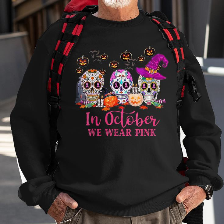 In October We Wear Pink Sugar Skull Halloween Breast Cancer Sweatshirt Gifts for Old Men