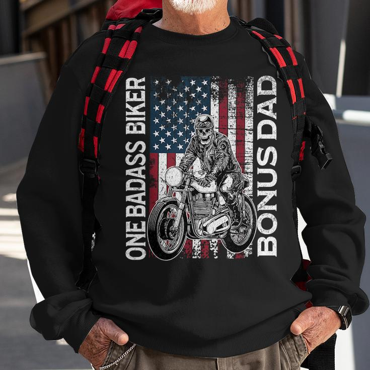 One Badass Biker Bonus Dad Grunge American Flag Skeleton Funny Gifts For Dad Sweatshirt Gifts for Old Men