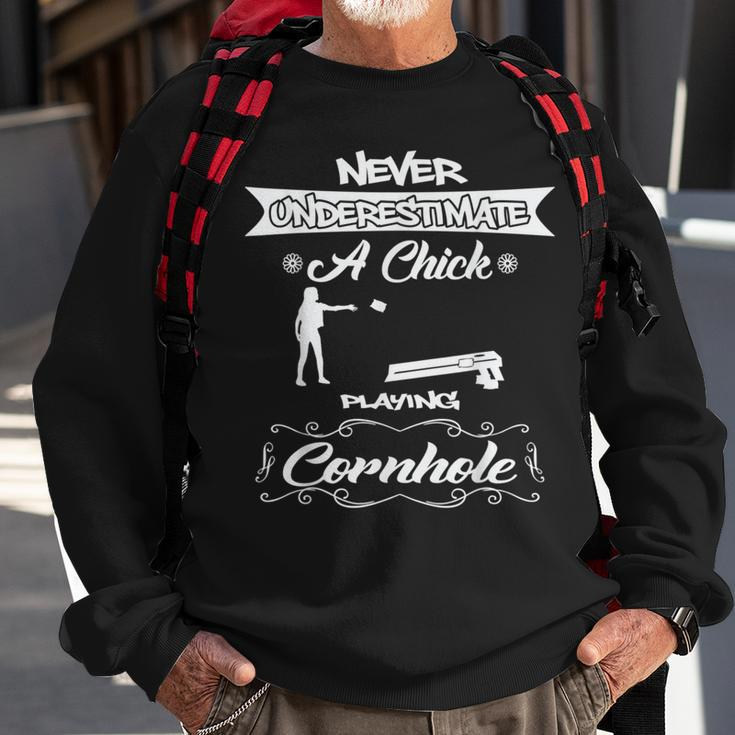 Never Underestimate A Chick Playing Cornhole Sweatshirt Gifts for Old Men