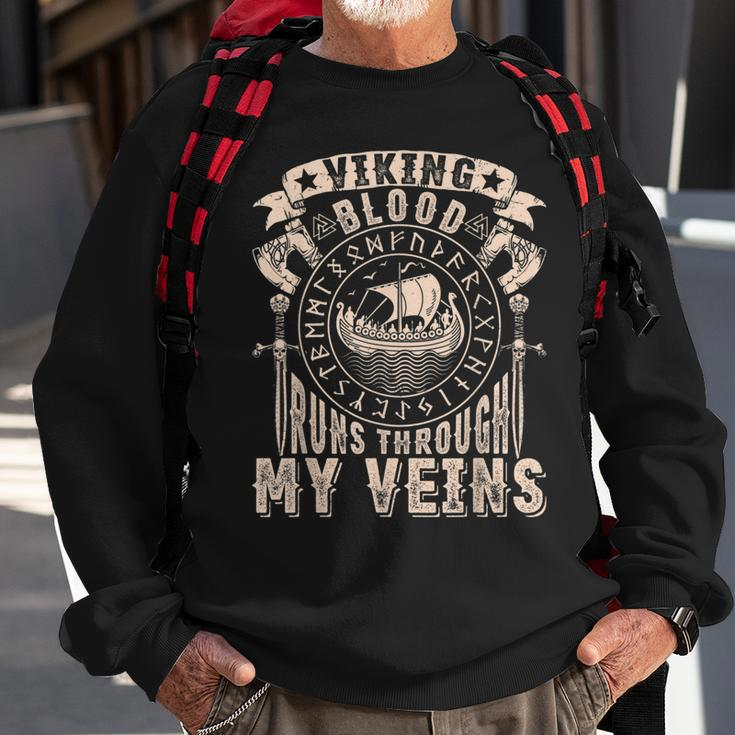 Vikings Retro Viking Blood Runs Through My Veins Valhalla Sweatshirt Gifts for Old Men