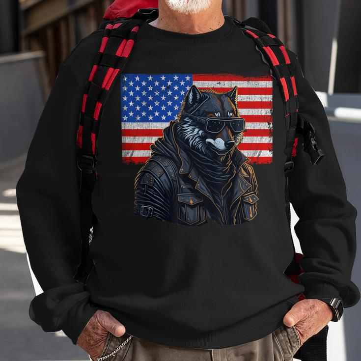 Vintage Patriotic Biker Wolf Shades Rustic American Flag Usa Sweatshirt Gifts for Old Men