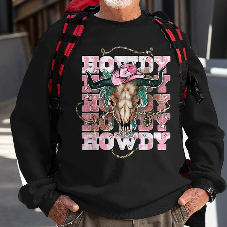 Vintage Pink Leopard Howdy Bull Skull Cowgirl Rodeo Western Sweatshirt Gifts for Old Men
