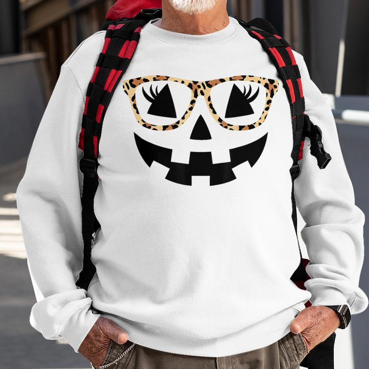 Jack O Lantern Face Pumpkin Hallowen Leopard Print Glasses Sweatshirt Gifts for Old Men