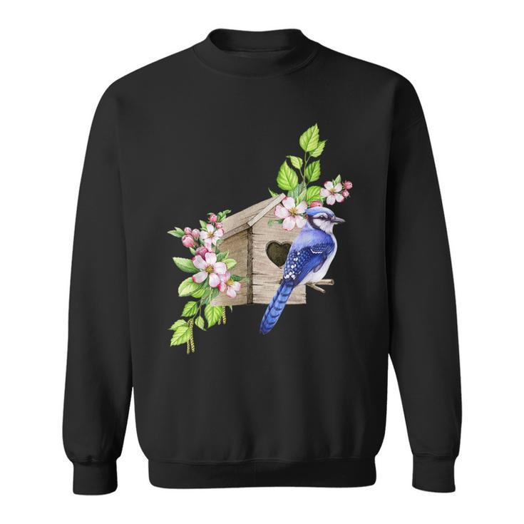 Blue Jay Bird Birdhouse And Pink Blossoms Bird Watching Sweatshirt