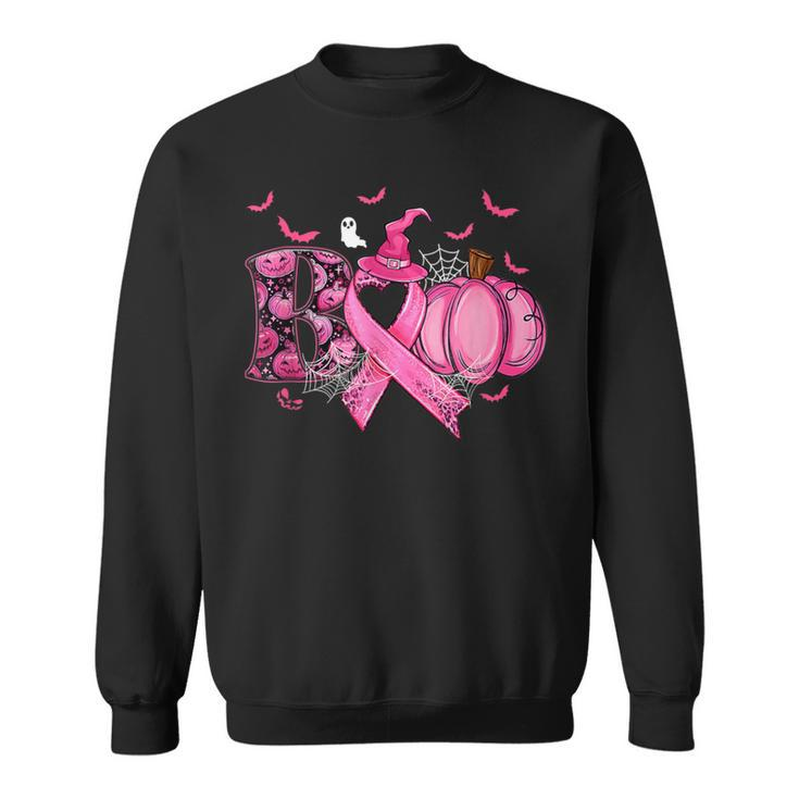 Boo Pumpkin Pink Ribbon Witch Breast Cancer Ghost Halloween Sweatshirt