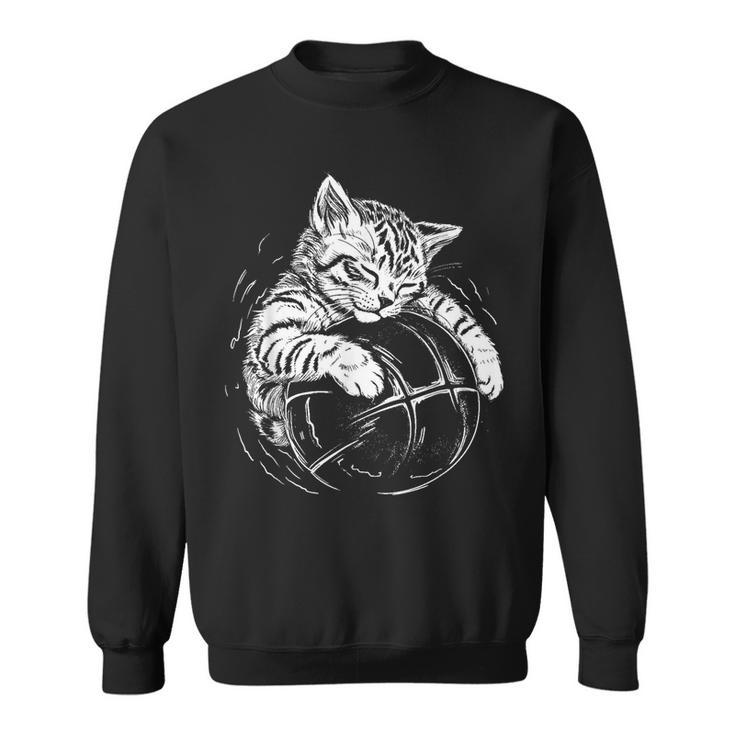 Cat Player Sleeping On A Basketball Kitties Pet Lover Basketball Funny Gifts Sweatshirt
