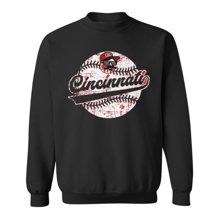 Cincinnati Baseball Heart Distressed Vintage Baseball Fans  Sweatshirt