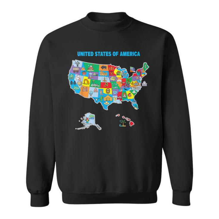 Colorful United States Of America Map Us Landmarks Icons Sweatshirt