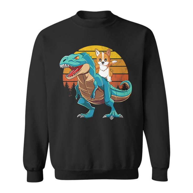 Corgi Dog Riding Dinosaur T Rex Boys Girls Retro Sunset Gift   Sweatshirt