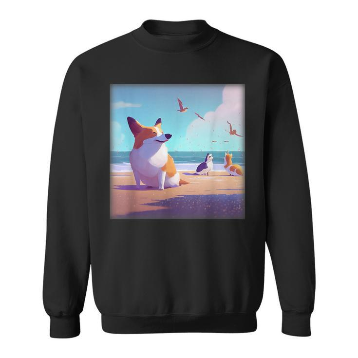 Corgi Meeting Seagulls On The Beach Animal Lover  Sweatshirt