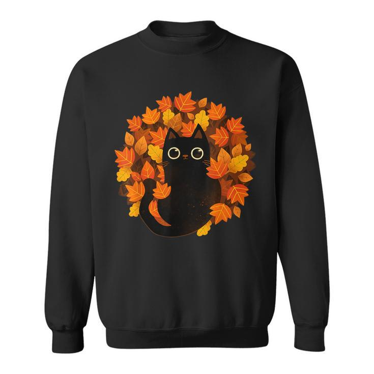 Cute Black Cat Autumn Leaves Season Thanksgiving Cat Lover Sweatshirt