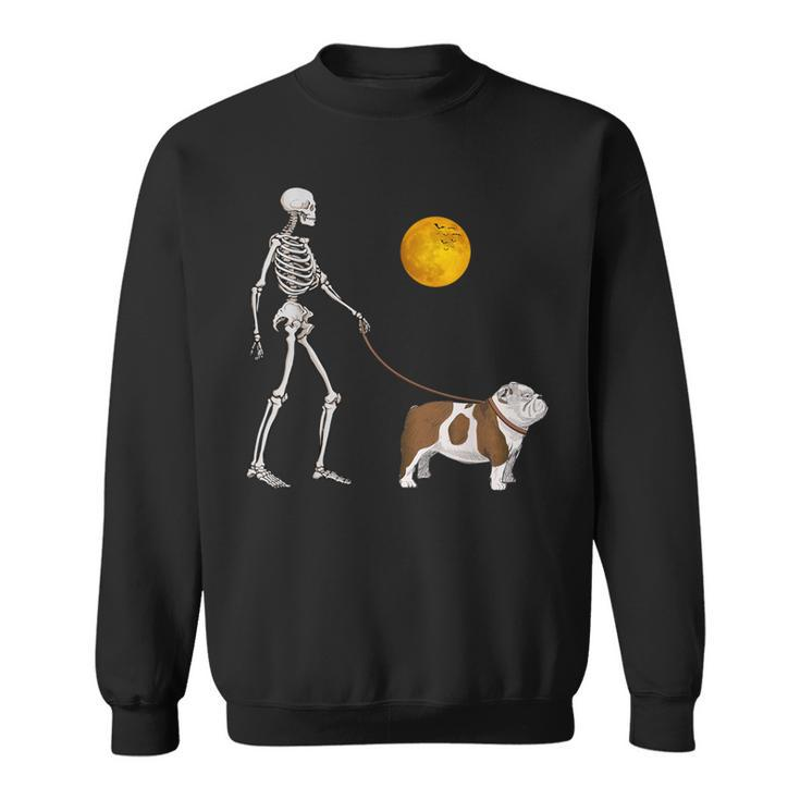 English Bulldog Skeleton Dog Walking Halloween Costume Sweatshirt