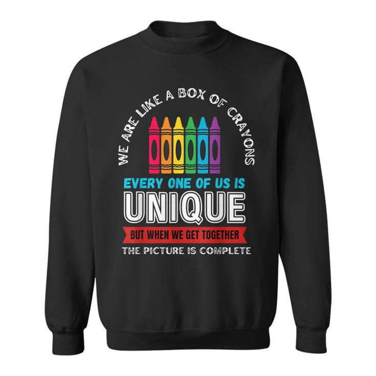 First Day Back To School We Are Like Box Of Crayons Teacher Sweatshirt