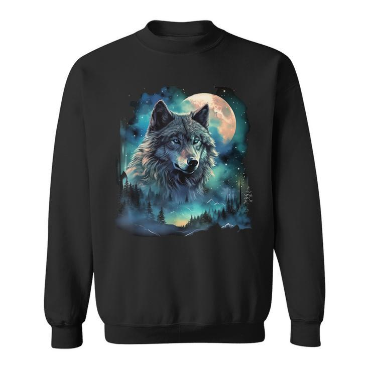 Grey Wolf Hunting Grounds Icy Moon Forest Galaxy Sweatshirt
