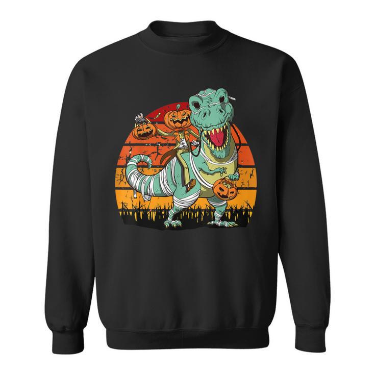 Halloween Pumpkin Riding Dinosaur T-Rex Skeleton Sweatshirt