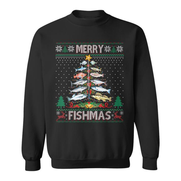 Merry Fishmas Ugly Sweater Fish Fishing Rod Christmas Tree Sweatshirt