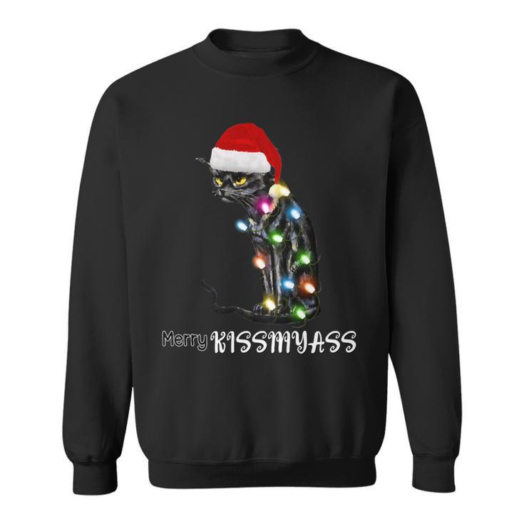 Merry Kissmyass Cat Christmas Lights Sweatshirt