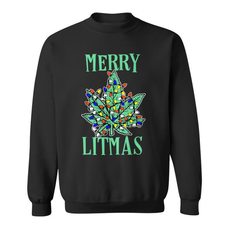 Merry Litmas Pot Leaf Christmas Tree Lights Marijuana Sweatshirt