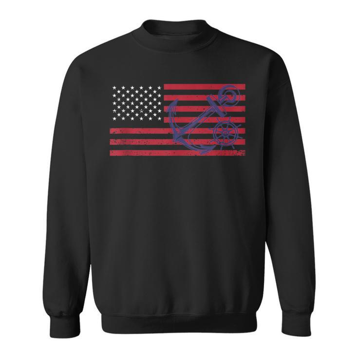 Patriotic Nautical American Flag Usa Blue Anchor Wheel  Sweatshirt