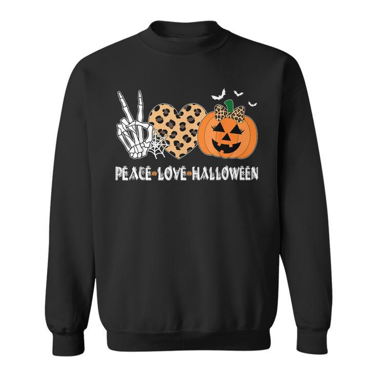 Peace Love Halloween Scary Pumpkin Leopard Skeleton Sweatshirt