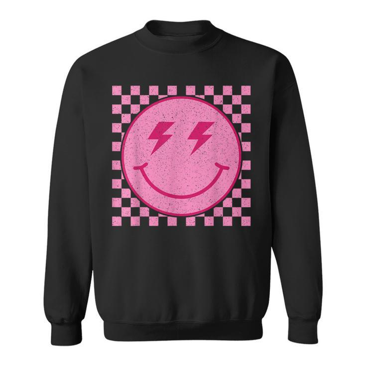 Pink Happy Face Checkered Pattern Smile Face Trendy Smiling Sweatshirt