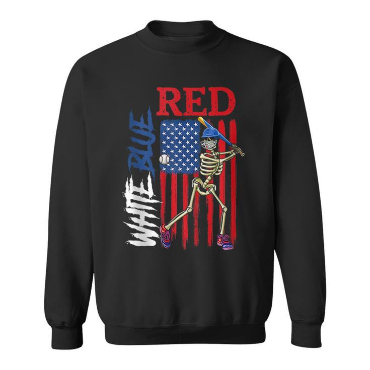 Red White Blue Baseball 4Th Of July American Flag Skeleton  Baseball Funny Gifts Sweatshirt