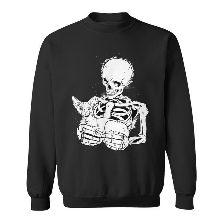 Skeleton Holding A Cat Lazy Halloween Costume Skull Sweatshirt
