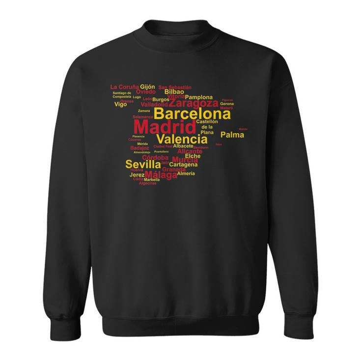 Spain Map Silhouette Towns Cities Madrid Travel Espana  Sweatshirt