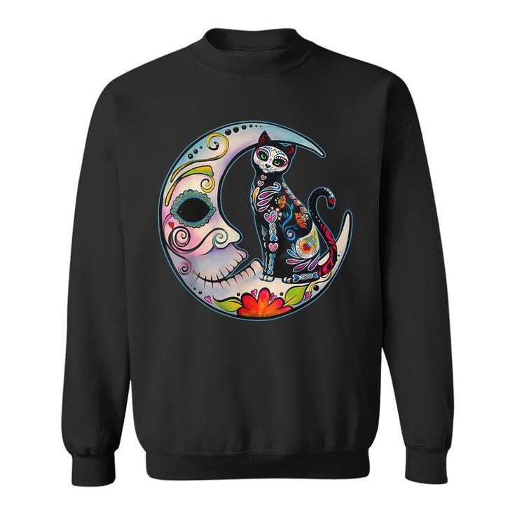 Sugar Skull Moon Cat Mexican Day Of Dead Dia De Los Muertos Sweatshirt