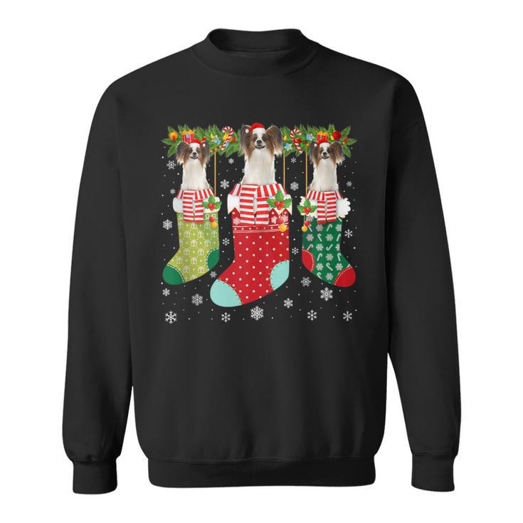 Three Papillon Dog In Socks Ugly Christmas Sweater Party Sweatshirt