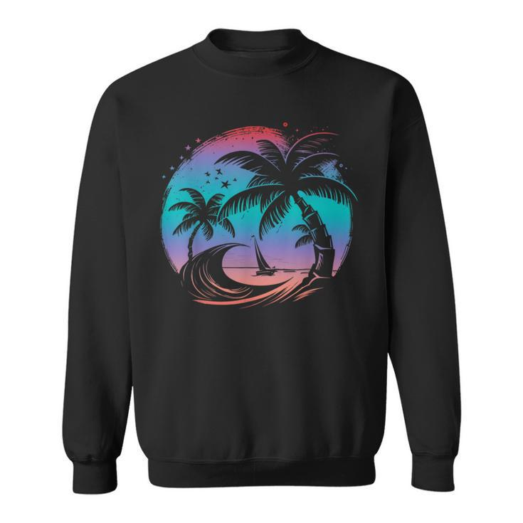 Tropical Palm Trees With Sailboat Beach Island Sunset  Sweatshirt