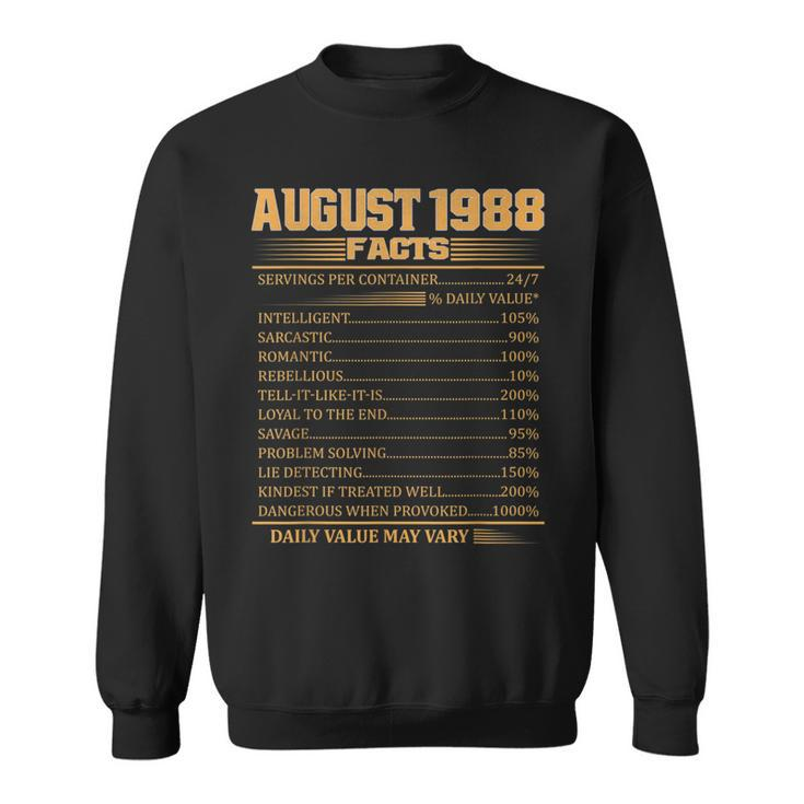 Vintage 30Th Birthday Made In August 1988 Facts  Sweatshirt