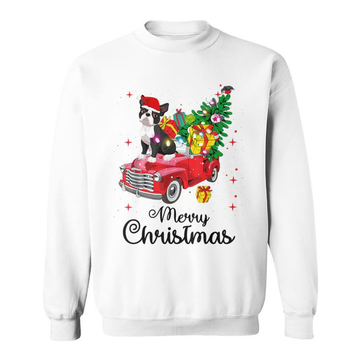 Boston Terrier Ride Red Truck Christmas Pajama Sweatshirt