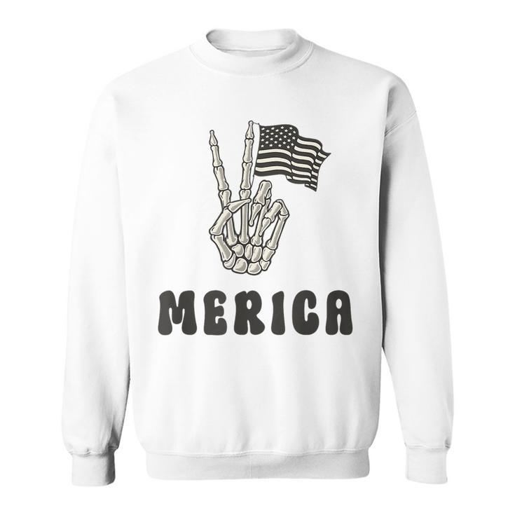 Merica Peace Sign 4Th Of July American Flag Skeleton Hand  Sweatshirt