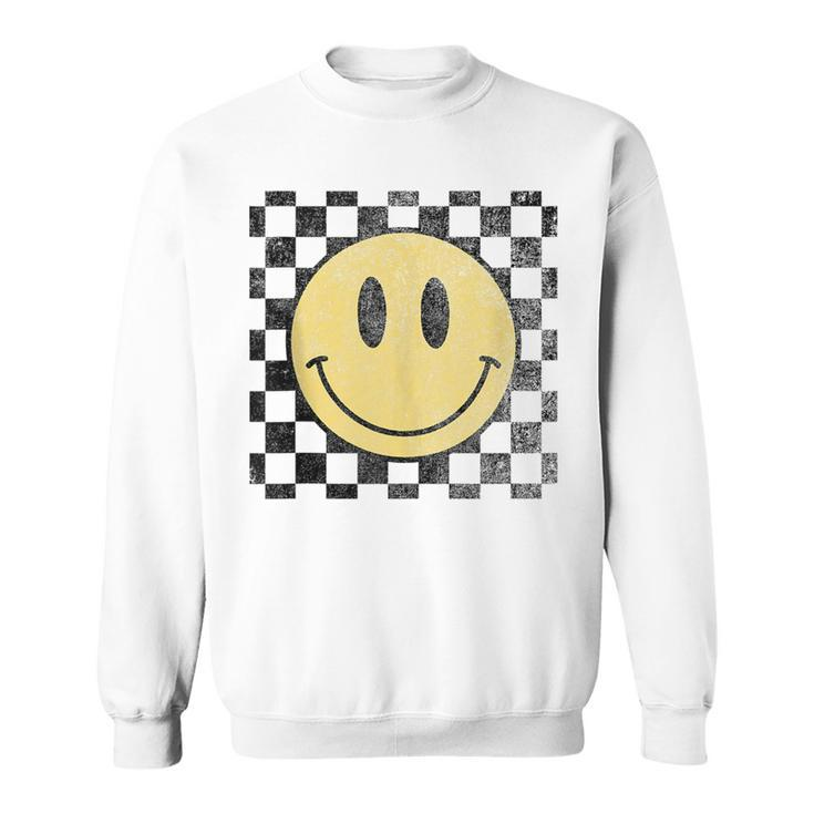 Retro Happy Face 70S Distressed Checkered Pattern Smile Face  Sweatshirt