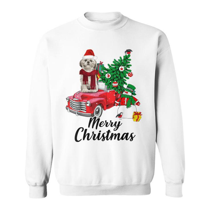 Shih Tzu Ride Red Truck Christmas Pajama Sweatshirt