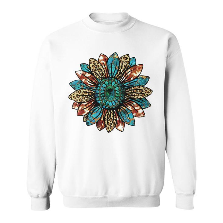 Western Country Texas Cowgirl Turquoise Cowhide Sunflower Sweatshirt