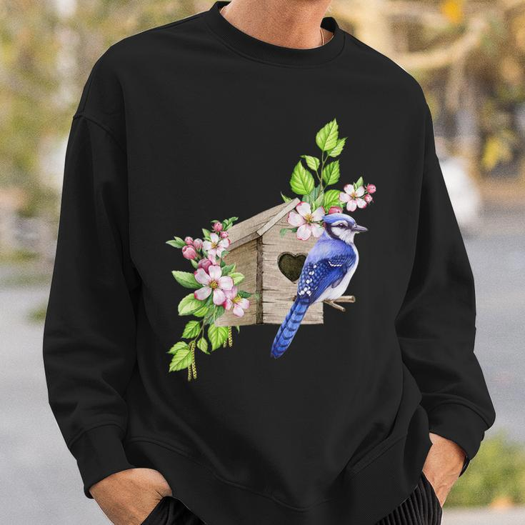 Blue Jay Bird Birdhouse And Pink Blossoms Bird Watching Sweatshirt Gifts for Him